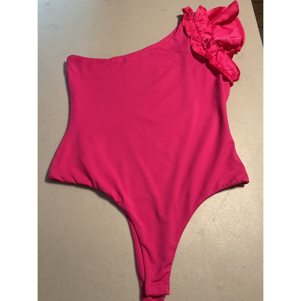 TCEC Hot Pink One Shoulder Ruffle Bodysuit Large CT8113 Asymmetric Sleeveless